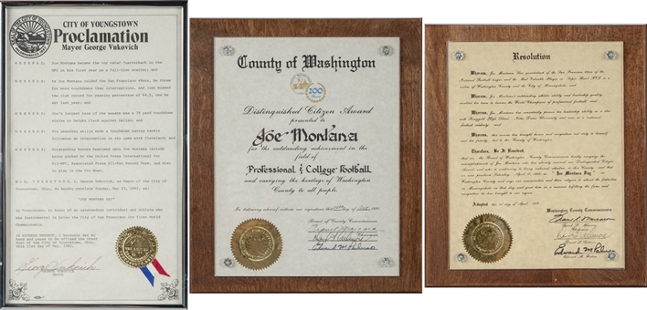 Collection of (3) Joe Montana Awards - Including (2) Joe Montana Day Plaques and (1) Distinguished Citizens Award